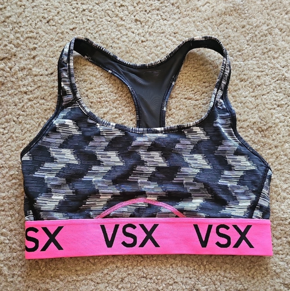 Victoria’s Secret VSX Sports Bra Black Gray Print Pink Band Size S